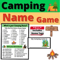 the camping name game is shown in this poster