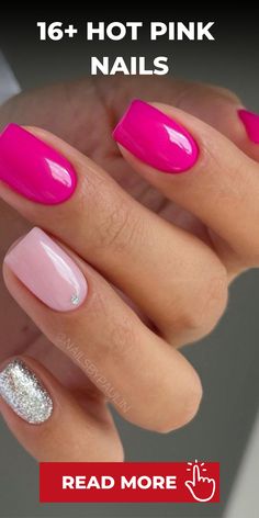 Bright Pink Gel Nail Designs, Pink Nails Oval Shape, Hot Pink Beach Nails, Nail Ideas Hot Pink, Hot Pink And White Nails, Hot Pink Nail Design, Hot Pink Gel Nails, Almond Nails Design Ideas, Bahamas Nails