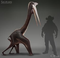 an artist's rendering of a giant bird standing next to a man in shadow