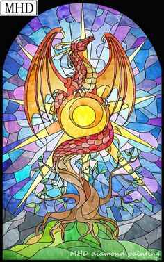 a dragon sitting on top of a tree next to a sun in a stained glass window