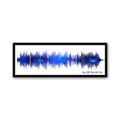 an audio wave art print with blue tones on white background, framed in black frame