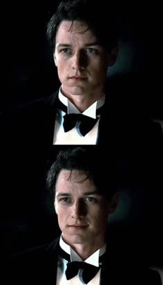 the man is wearing a tuxedo and bow tie in three different pictures,