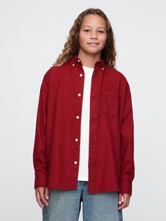 Soft flannel cotton-blend Oxford shirt.  Point collar, button front.  Long sleeves.  Patch pocket at chest.  Fit: Over Oversized Flannel, Brand Collaboration, New Haircuts, Gap Kids, Oxford Shirt, Sled, Soft Flannel, Cotton Flannel, Toddler Gifts