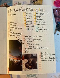 an open traveler's notebook with pictures and text