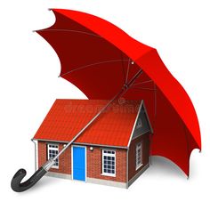 a red umbrella over a small house with a blue door and window on the roof