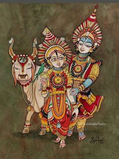 Tanjore Krishna Paintings, Karnataka Folk Art Painting, Radha Krishna Kalamkari Painting, Yakshagana Painting On Canvas, Folk Art Drawing Ideas, Karnataka Painting, Yakshagana Drawing, Yakshagana Painting, Krishna For Today