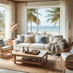 a living room filled with furniture next to a window covered in curtains and palm trees