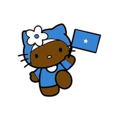 a hello kitty holding a blue flag with a white flower on it's head