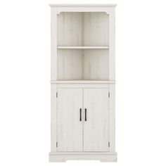 a white bookcase with two doors and drawers