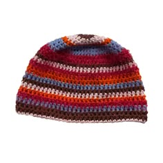 a multicolored knitted hat on a white background