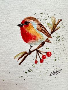 a watercolor painting of a bird on a branch with berries