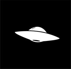 a black and white silhouette of a flying saucer on a dark background with the word,