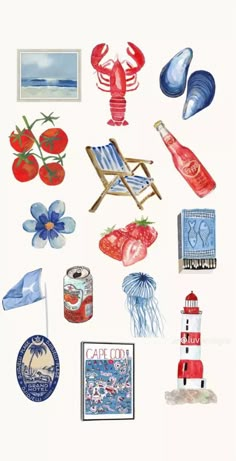 an illustration of lobsters, tomatoes, and other items on a white background with blue accents