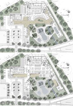 two drawings of the ground plan for a building with trees on each side and parking lot