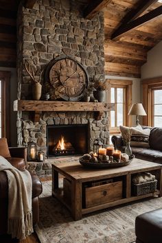 a living room filled with furniture and a fire place in front of a stone fireplace