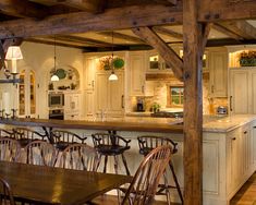 a kitchen with an island and lots of chairs