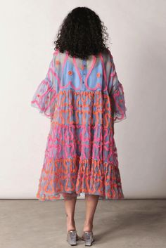 Chain Hearts Tiered Dress in Powder Blue | Omi Na-Na's Ethical Edit – omi na-na Summer Bohemian Organza Dress, Bohemian Organza Summer Dress, Pink Sheer Bohemian Dress, Pink Ruffled Dress For Festival, Blue Ruffled Dresses For Festival, Colorful Wardrobe, Tier Dress, Organza Dress, Silk Organza