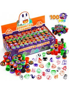 an assortment of assorted stampers in a box with stickers on the front