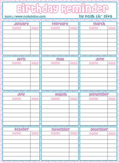 the birthday reminder calendar is shown in pink and blue