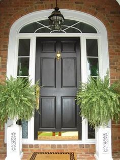 a black front door with two potted plants on either side and an entrance mat