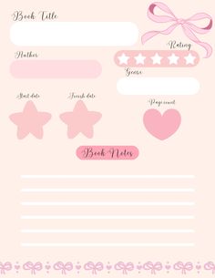 a pink and white page with stars, hearts, and bows on it's side