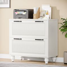 a white filing cabinet with two drawers next to a potted plant