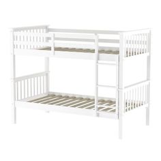 a white bunk bed sitting on top of a wooden floor