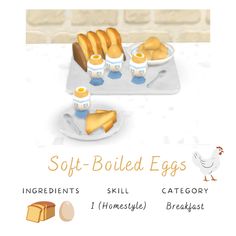 an advertisement for soft - boiled eggs with bread and butter on the plate, chicken beside it