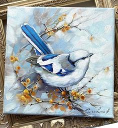 a painting of a blue and white bird perched on a tree branch with yellow flowers