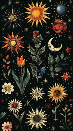 the sun, moon and stars are depicted in this painting on black paper with gold foil