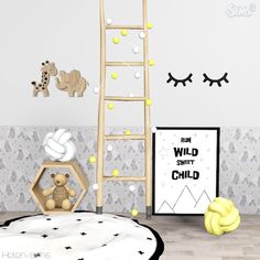 a child's room with a ladder, teddy bear and wall decals