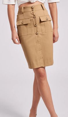 Generation Love Cressida Skirt in Taupe - Estilo Boutique Statement Skirt, Ibiza Outfits, Button Skirt, Silky Blouse, Professional Look, Gold Buttons, Polished Look, Fitness Models, Fashion Beauty