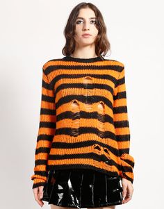 Alt Tops, Goth Harajuku, Loose Knitwear, Ripped Sweater, Sweater Striped, Aesthetic Streetwear, Halloween Long Sleeve, Sweater Tops, Distressed Sweaters