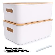 PRICES MAY VARY. 👍【Combine Natural Stylish and Practical】The crisp white base pairs effortlessly with the natural bamboo lid to fit in with any decor. Perfect for use in the living area, bedroom, home office, or even in a cabinet or closet. 👍【Thoughtful Size】Package includes 2 plastic storage bins with bamboo lids, single measuring: 15.16"L * 10.79"W * 5.83"H. 👍【Labels & Marker】Comes with 8 different shaped labels and 1 marker. Our customizable labels make storing and accessing belongings a t Stylish Storage Boxes, Storage Baskets For Shelves, Kitchen Organiser, White Storage Box, Plastic Storage Containers, Baskets For Shelves, Stackable Storage Boxes, Box With Handle, Wood Storage Box