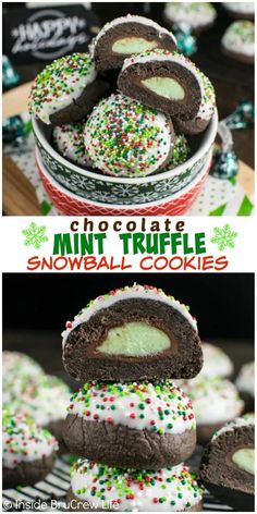 chocolate mint truffle snowball cookies are stacked on top of each other