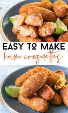 two plates filled with fried food and the words easy to make ham croquettes