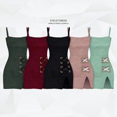 four different colored dresses with laces and bows on the sides, all in different colors