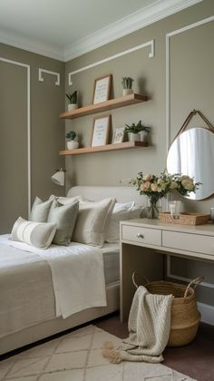 a white bed sitting next to a wooden desk with a mirror on top of it