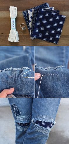 the jeans are being sewn together with yarn