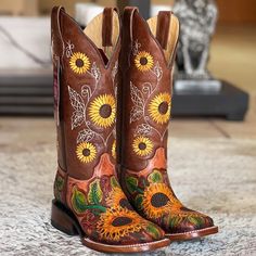 Women's hand tooled boots Sunflower Cowgirl Boots, Tooled Sunflower, Sunflower Boots, Square Toe Boots, Leather Block Heels, Cow Girl, High Top Shoes, Boots For Sale, Cowgirl Boots