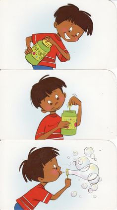 three cartoon images of a young boy brushing his teeth with toothpaste and soap