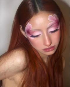 Detailed Makeup Looks, Cool Eyebrows, Pink Pearl Makeup, 2003 Makeup, Tropical Makeup Look, Exotic Makeup Looks, Flower Makeup Looks, Weird Makeup Looks, Unique Makeup Looks