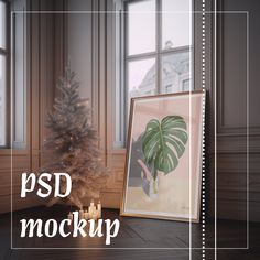 a christmas tree in front of a window with the words psd mockup