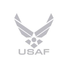 the u s air force logo is shown in grey on a white background with black lettering