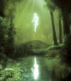 a woman is floating in the air above a stream surrounded by trees and grass, with sunlight streaming through the leaves