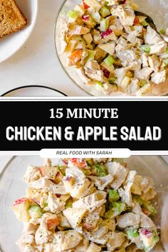 chicken and apple salad with toasted bread on the side, in glass bowls next to each other