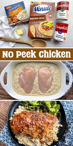 no peek chicken in the pan with broccoli, rice and other ingredients to make it