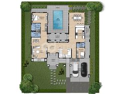 an aerial view of the ground plan for a house with swimming pool and outdoor furniture