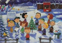 a charlie brown christmas scene with many people