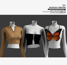 three female mannequins with butterfly tops on them